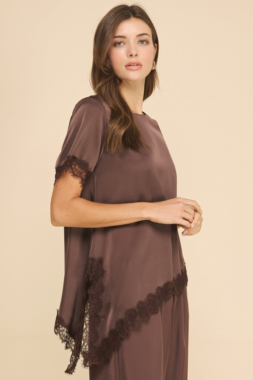 Clair Satin Blouse with Lace Detail