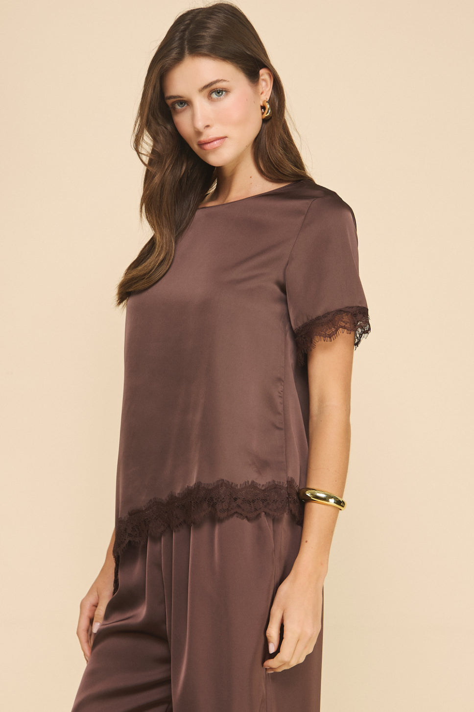 Clair Satin Blouse with Lace Detail