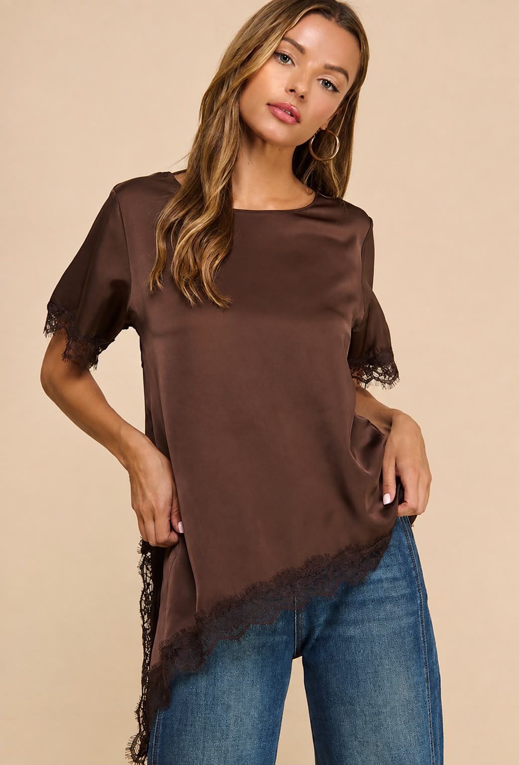 Clair Satin Blouse with Lace Detail