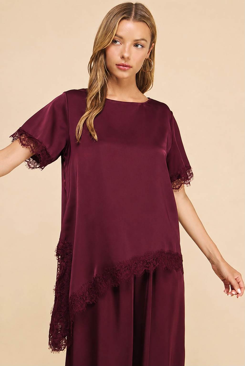 Clair Satin Blouse with Lace Detail