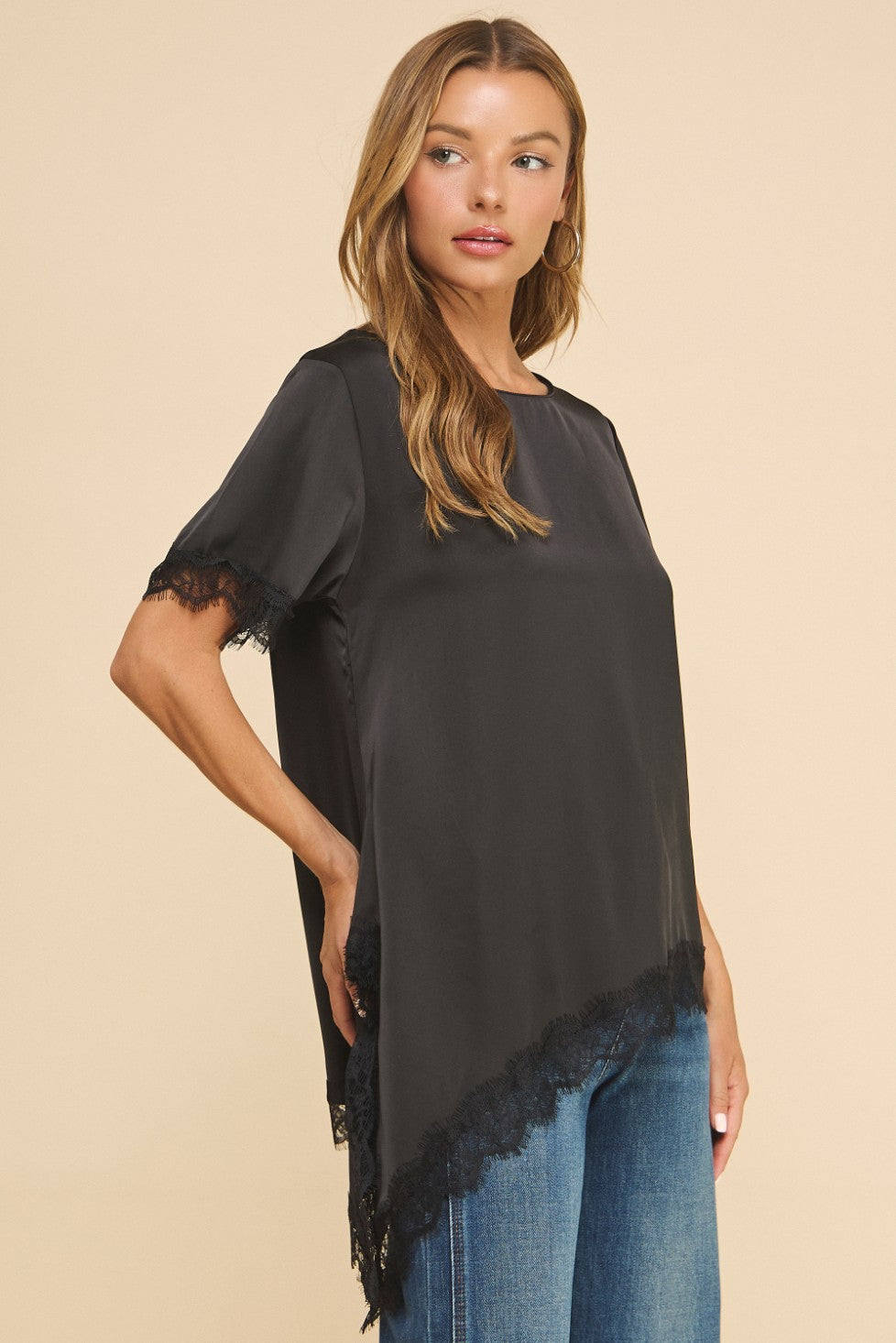 Clair Satin Blouse with Lace Detail