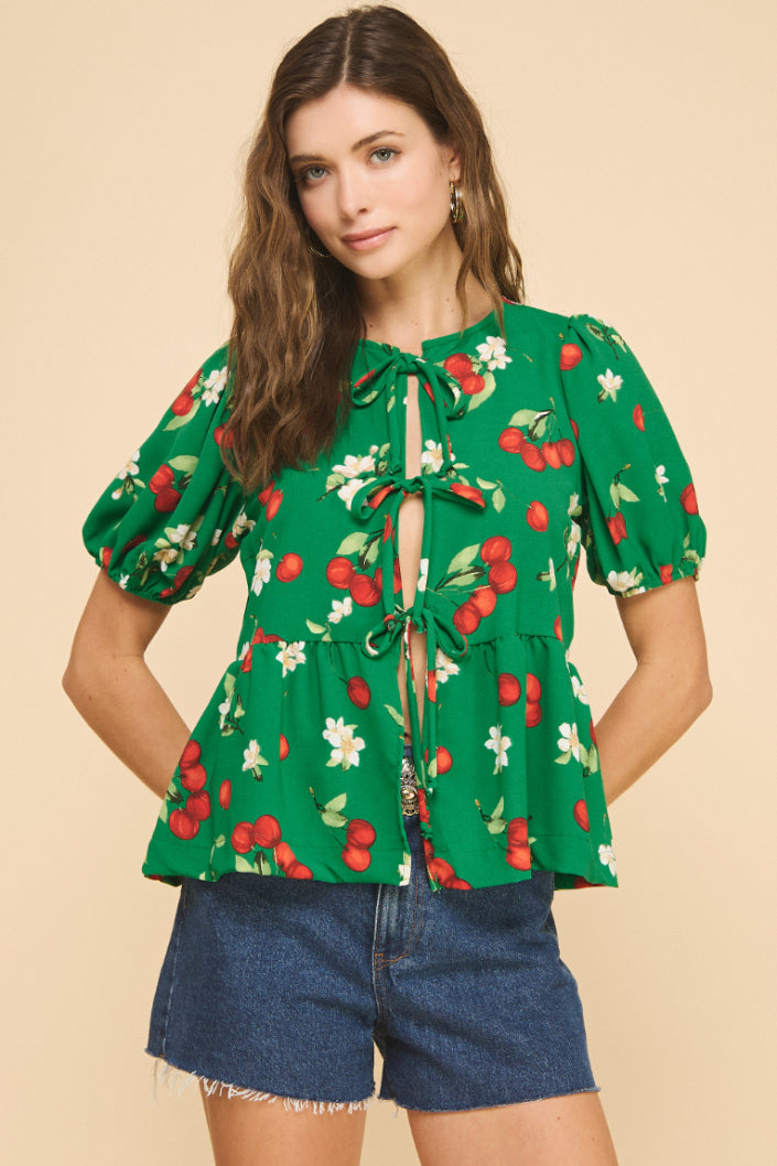 Cherry Peplum Tie Top