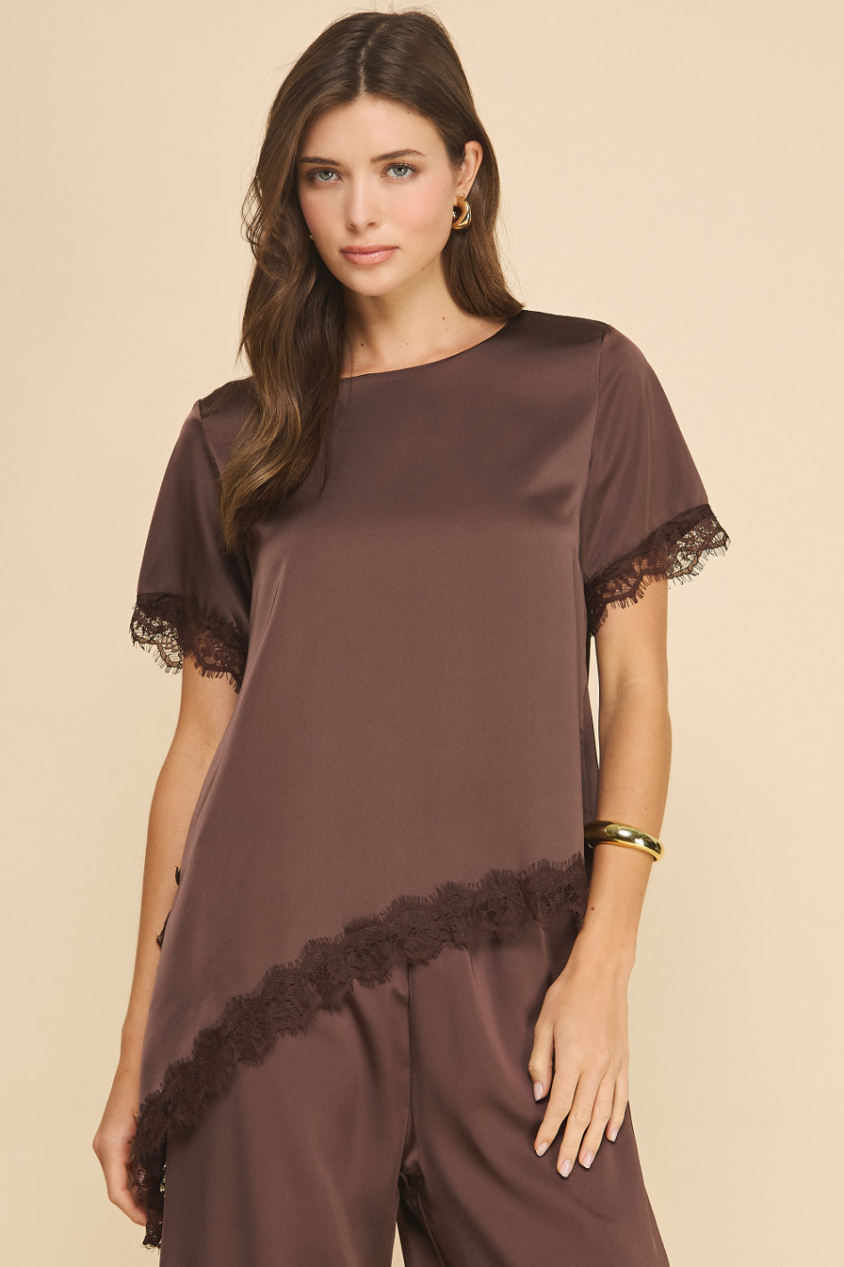Clair Satin Blouse with Lace Detail