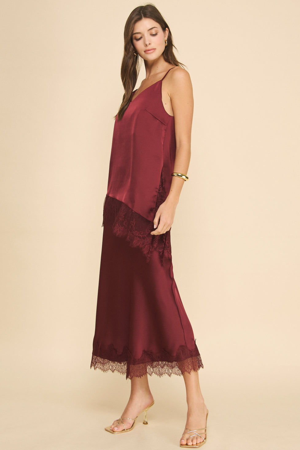 Fern Satin Cami with Lace Detail