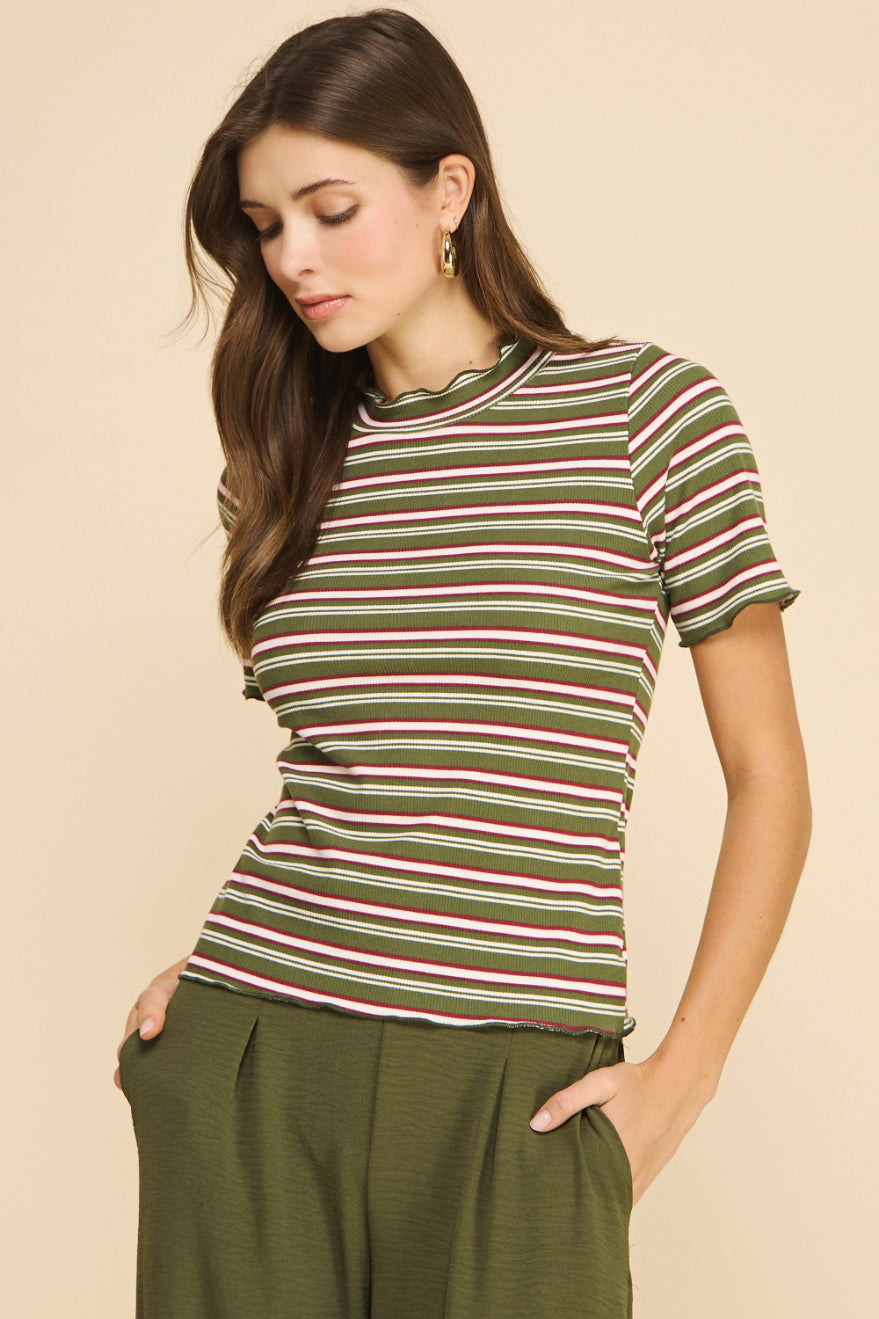 Striped Short Sleeves Rib Top