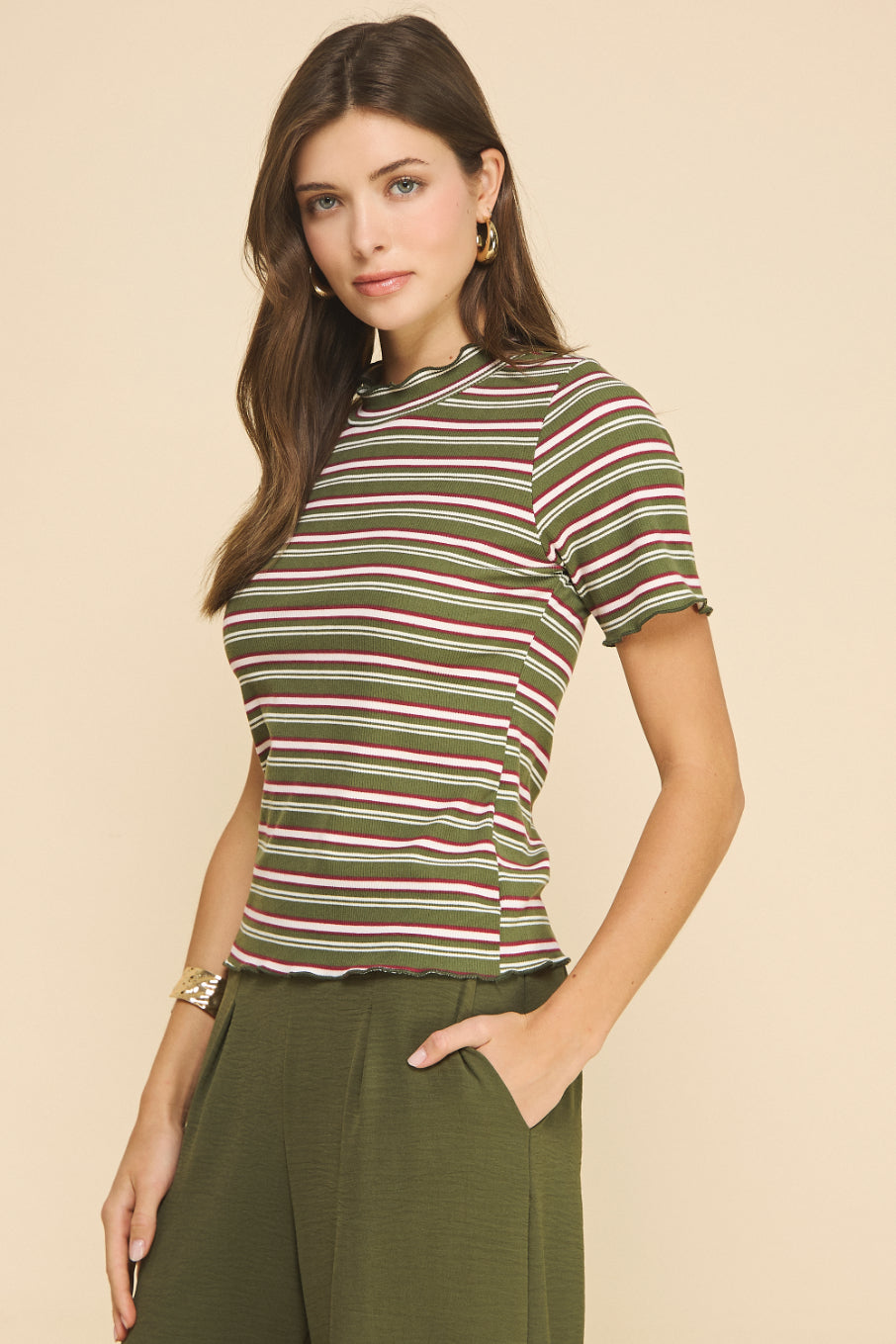 Striped Short Sleeves Rib Top