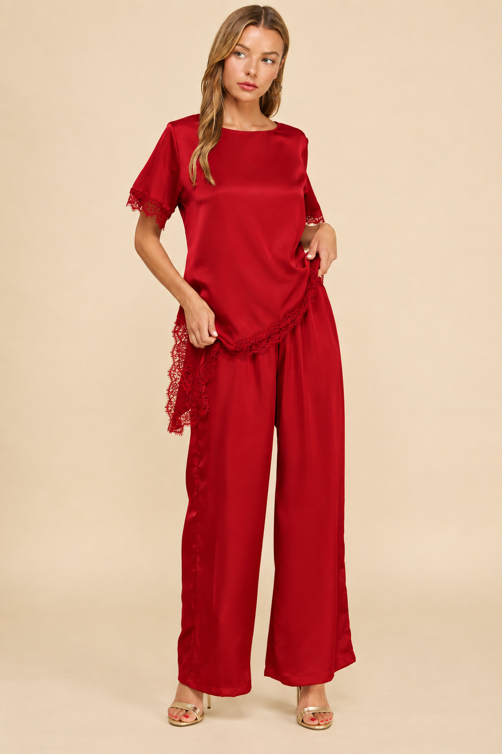 Clair Satin Blouse with Lace Detail